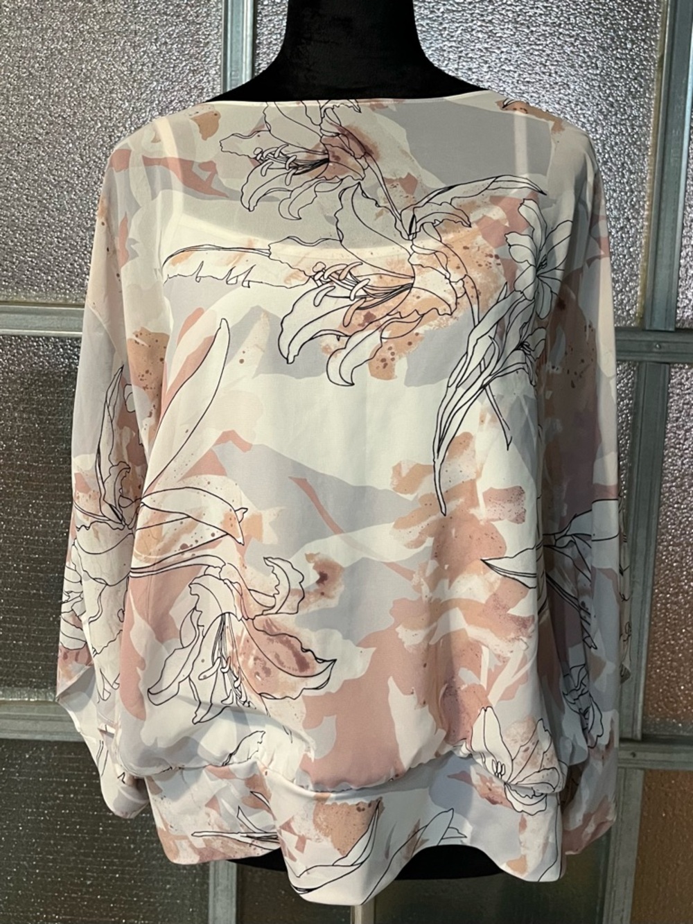 Alfani Pink & Cream Floral Chiffon Sheer Bubble Sleeve Blouse